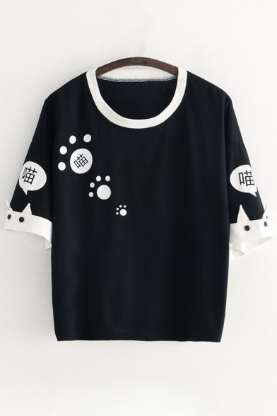 Color Block Chinese Cat Printed Round Neck Short Sleeve Tee