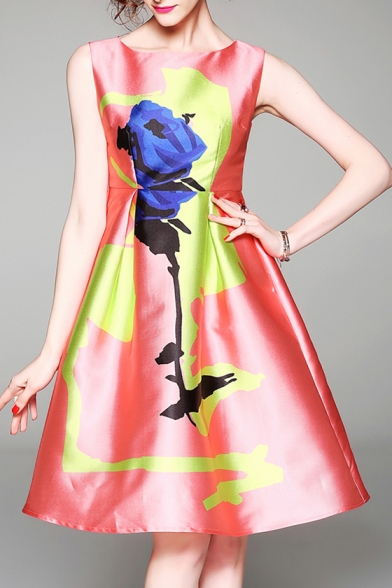 Color Block Floral Printed Round Neck Sleeveless Slim Midi A-Line Dress