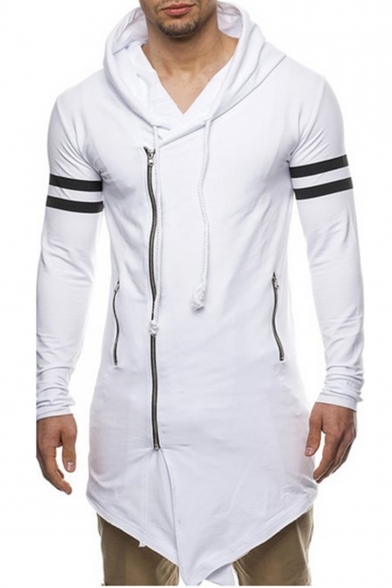 Cool Men's Style MISSION Letter Number Print Zip Up Striped Hooded Tee