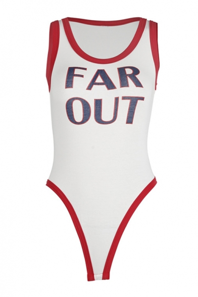 FAR OUT Letter Printed Contrast Trim Round Neck Sleeveless Bodysuit