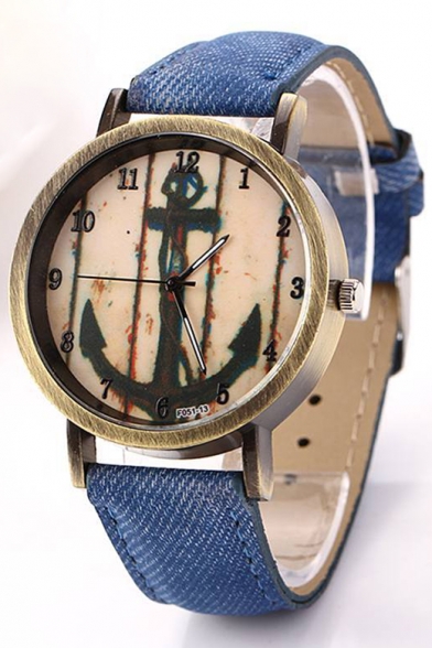 Fashion Anchor Printed Denim Quartz Woman's Watch