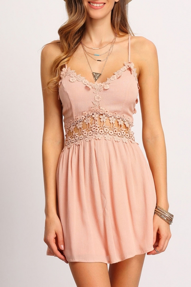Floral Embellished Hollow Out Spaghetti Straps Sleeveless Mini Cami Dress