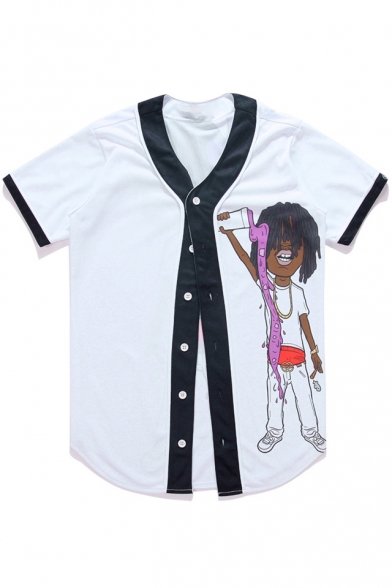 Funny Cartoon Character Print Button Front Short Sleeve Color Block Tee Top