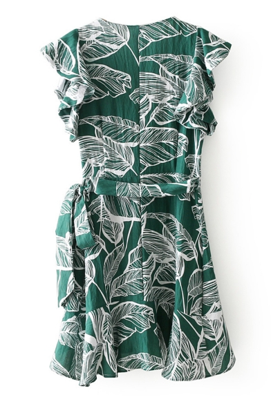 Holiday Plunge Neck Leaf Printed Ruffle Detail Min A-Line Wrap Dress