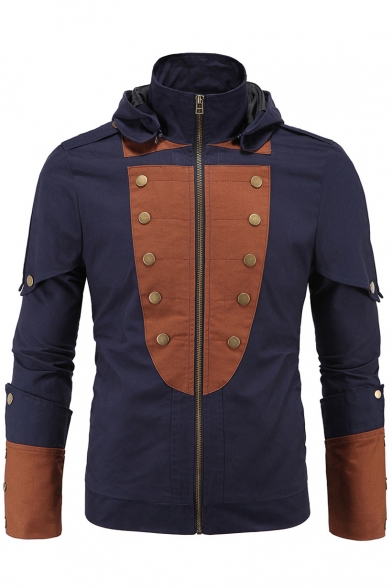 Men's Fashion Color Block Zip Up Button Detail Hooded Jacket