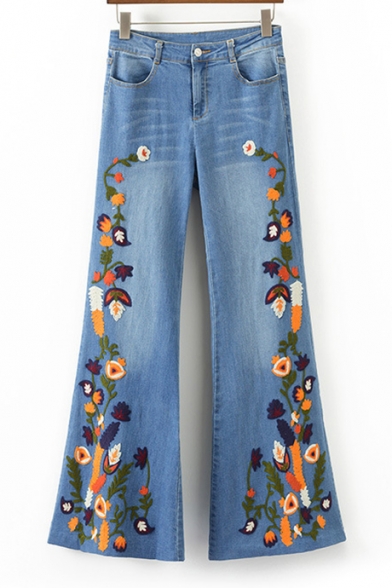 Old School Fashion Floral Embroidery Zipper Fly Casual Retro Bootcut Jeans