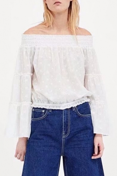 Snowflake Embroidered Off The Shoulder Long Sleeve Blouse