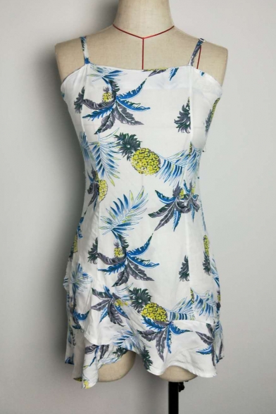 Summer Collection Pineapple Printed Spaghetti Straps Hollow Out Back Sleeveless Mini Cami Dress