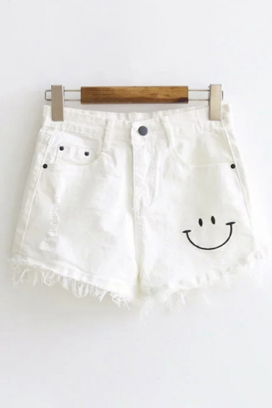 Summer Fashion Smiley Face Embroidered Raw Edged Zipper Fly Ripped Off Shorts