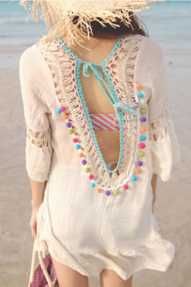 Summer Vacation Fashion Hollow Out Tie Back Tassel Pompom Detail Patchwork Cover Up