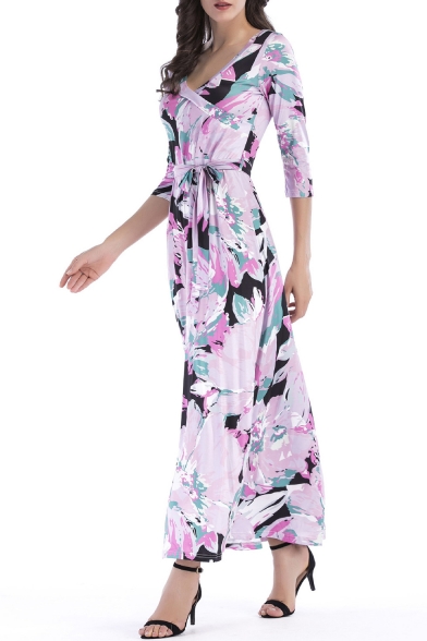 3/4 Length Sleeve V Neck Floral Printed Bow Tied Waist Maxi A-Line Dress
