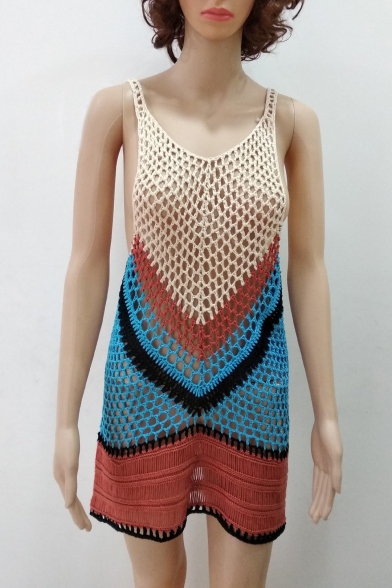 Beach Fashion V Neck Sleeve Mesh Net Color Block Summer Cover Up