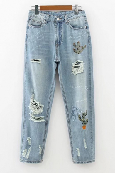 Cactus Embroidered Zipper Fly Ripped Mid Waist Jeans