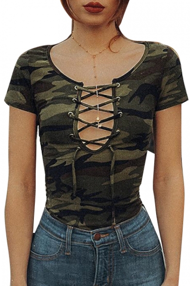 

Camouflage Printed Lace Up Front Short Sleeve Bodysuit, LC470621