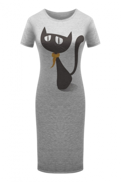 Cartoon Cat Printed Round Neck Short Sleeve Comfort Slim Midi T-Shirt Dress