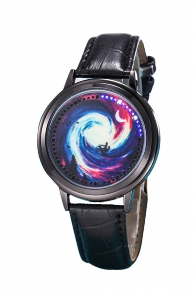 Chic Galaxy Moon Printed Leather Quartz Watch for Couple