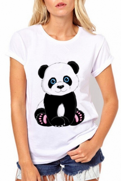 Cute Panda Cartoon Print Round Neck Short Sleeves Casual Tee