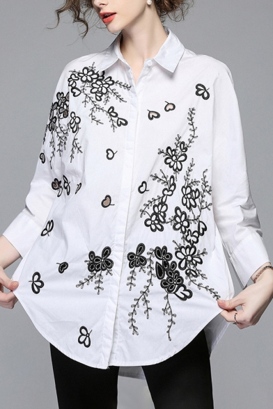 Elegant Floral Embroidered Lapel Collar Long Sleeve Buttons Down Tunic Shirt