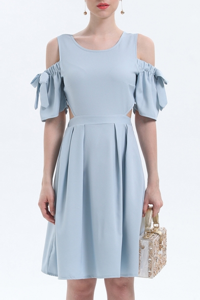 Elegant Plain Cold Shoulder Round Neck Short Sleeve Hollow Out Midi A-Line Dress