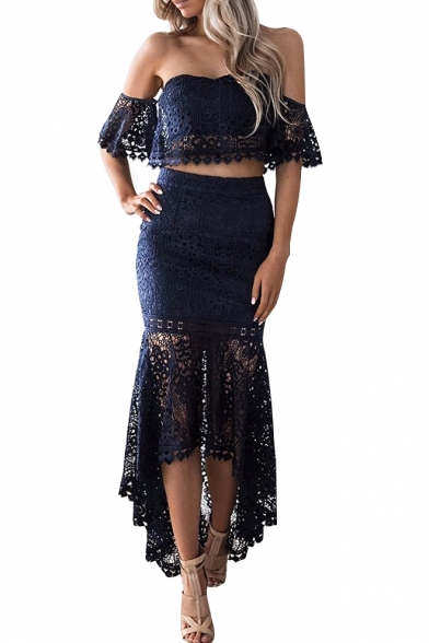 Fashion Plain Lace Panel Off the Shoulder Cropped Top with Dipped Hem Skirt