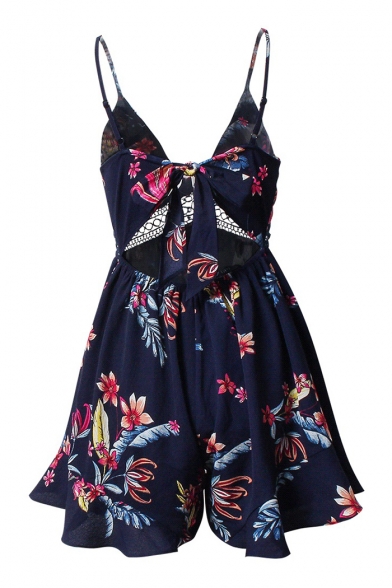 Fashionable Floral Leaf Print Hollow Out Bow Tie Back Loose Casual Romper