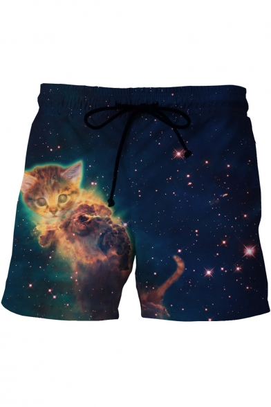Galaxy Cat Printed Drawstring Waist Loose Leisure Shorts