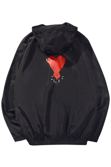 Heart Printed Back Long Sleeve Zip Up Sun-Proof Hooded Coat