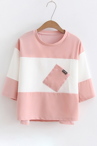 New Arrival Color Block Round Neck Short Sleeve Tee with Pocket