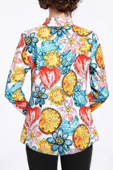 Office Lady Floral Printed Lapel Collar Long Sleeve Buttons Down Shirt