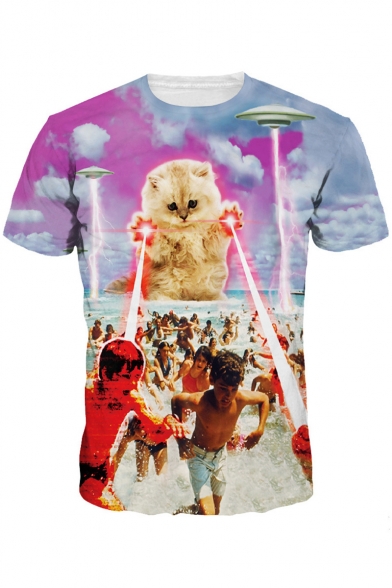 Pop Fashion Cat Laser UFO Character Print Round Neck Short Sleeves Unisex T-shirt
