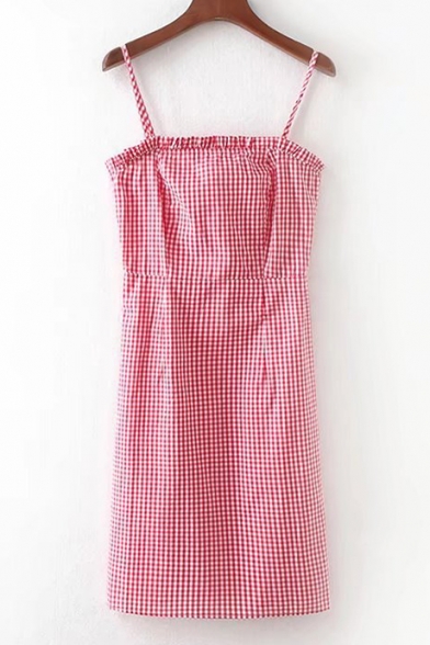 Retro Plaid Printed Spaghetti Straps Sleeveless Mini Cami Dress