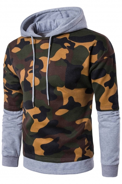 Camouflaged Print Patchwork Long Sleeves Pullover Pocket Hoodie