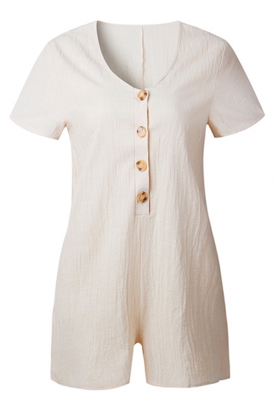 Chic Leisure Simple Plain Buttons Down Round Neck Short Sleeve Romper
