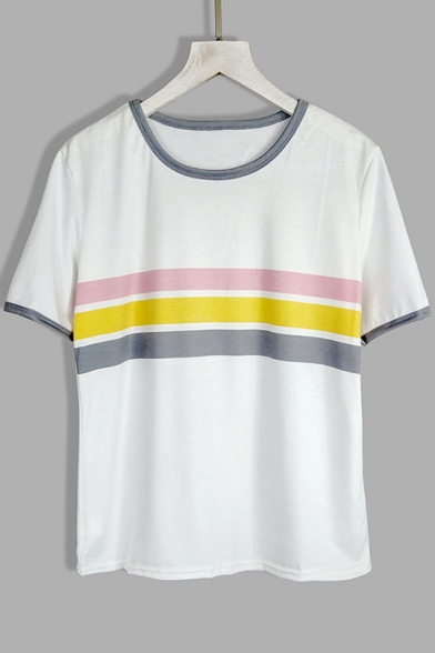 Color Block Striped Printed Round Neck Short Sleeve Leisure Tee