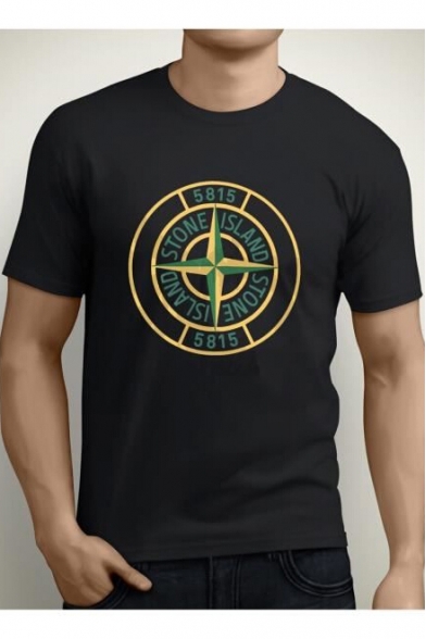Cool Style Compass Letter Print Round Neck Short Sleeves Men's T-shirt