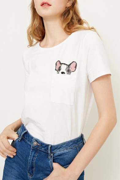 Cute Dog Embroidered Pocket Round Neck Short Sleeve Comfort Tee