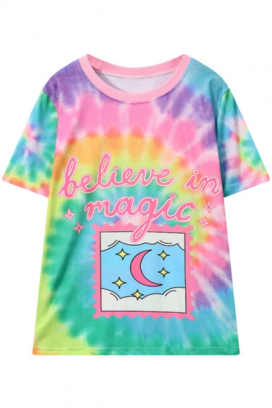 

Digital Colorful Letter Moon Printed Round Neck Short Sleeve Loose Tee, Blue;purple, LC470051