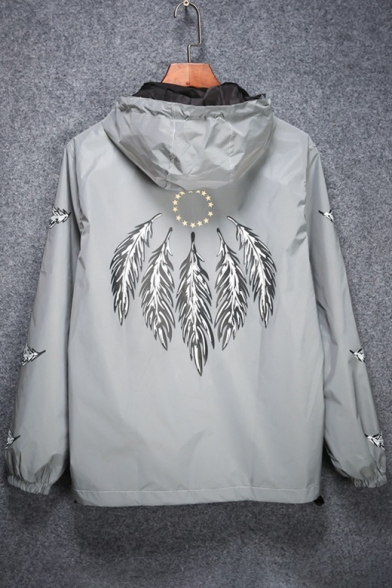 Fashionable Feather Printed Back Long Sleeve Zip Up Reflective Hooded Coat