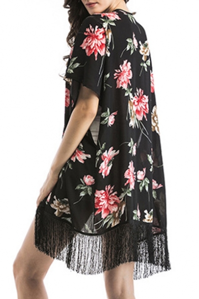 Floral Printed Collarless Short Sleeve Kimono Blouse with Tassel