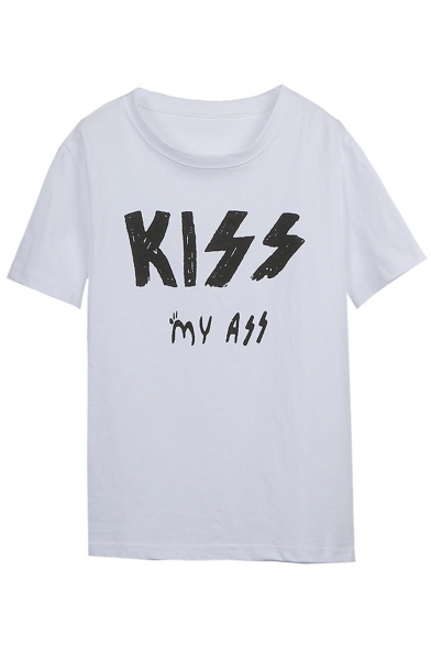 KISS Letter Printed Round Neck Short Sleeve Summer Tee