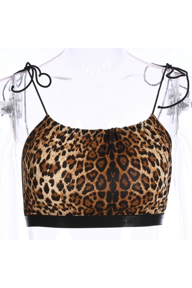 

Leopard Spaghetti Tied Straps Sleeveless Open Back Crop Cami, LC470601