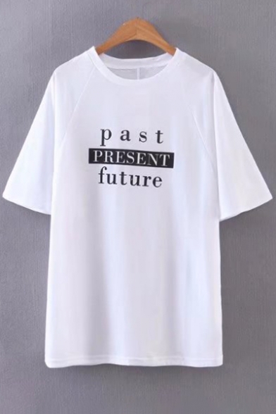 New Fashion Letter PAST PRESENT FUTURE Print Round Neck Half Sleeves Casual Tee