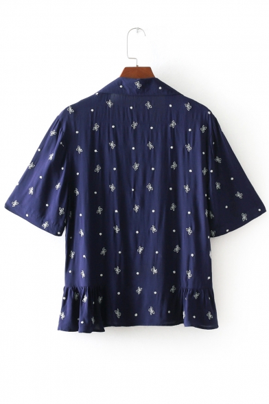 Notched Lapel Collar Floral Printed Short Sleeve Buttons Down Shirt