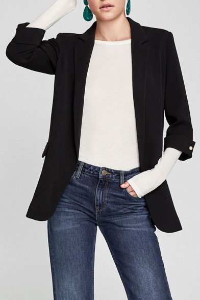 Office Lady Notched Lapel Collar 3/4 Length Sleeve Open Front Plain Blazer