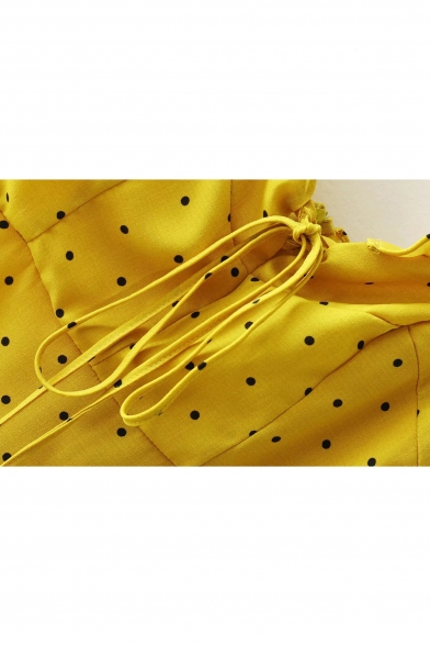 Polka Dot Printed Spaghetti Straps Sleeveless Tied Front Mini Cami Dress