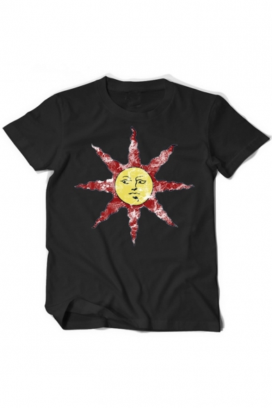 Retro Sun Cartoon Print Round Neck Short Sleeves Summer T-shirt