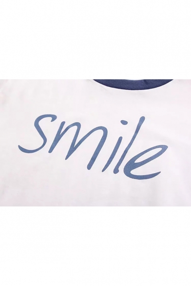 Stylish Contrast Trim SMILE Letter Print Round Neck Short Sleeves Casual Tee