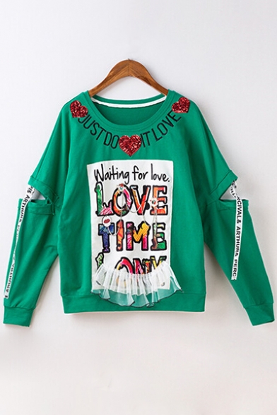 Stylish Letter Printed Sequined Chain Embellished Round Neck Long Sleeve Pullover Sweatshirt