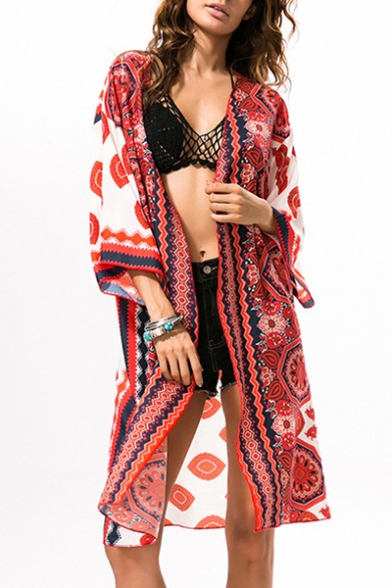 Summer Fashion Tribal Print Open Front 3/4 Sleeve Summer Tunic Kimono Top