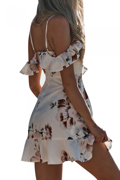 Beach Fashion Floral Print Ruffle Design Mini A-line Summer Dress